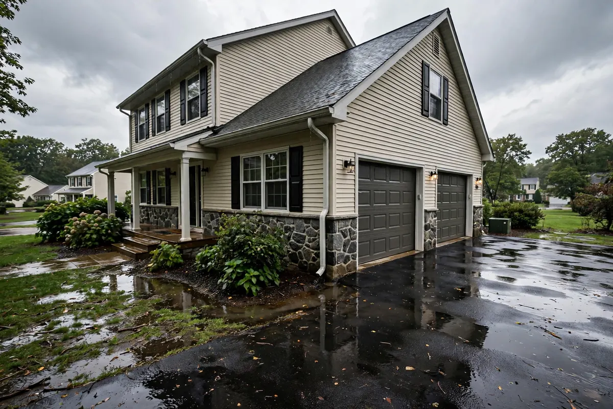 A monochrome image of a suburban house affected by floodwaters.