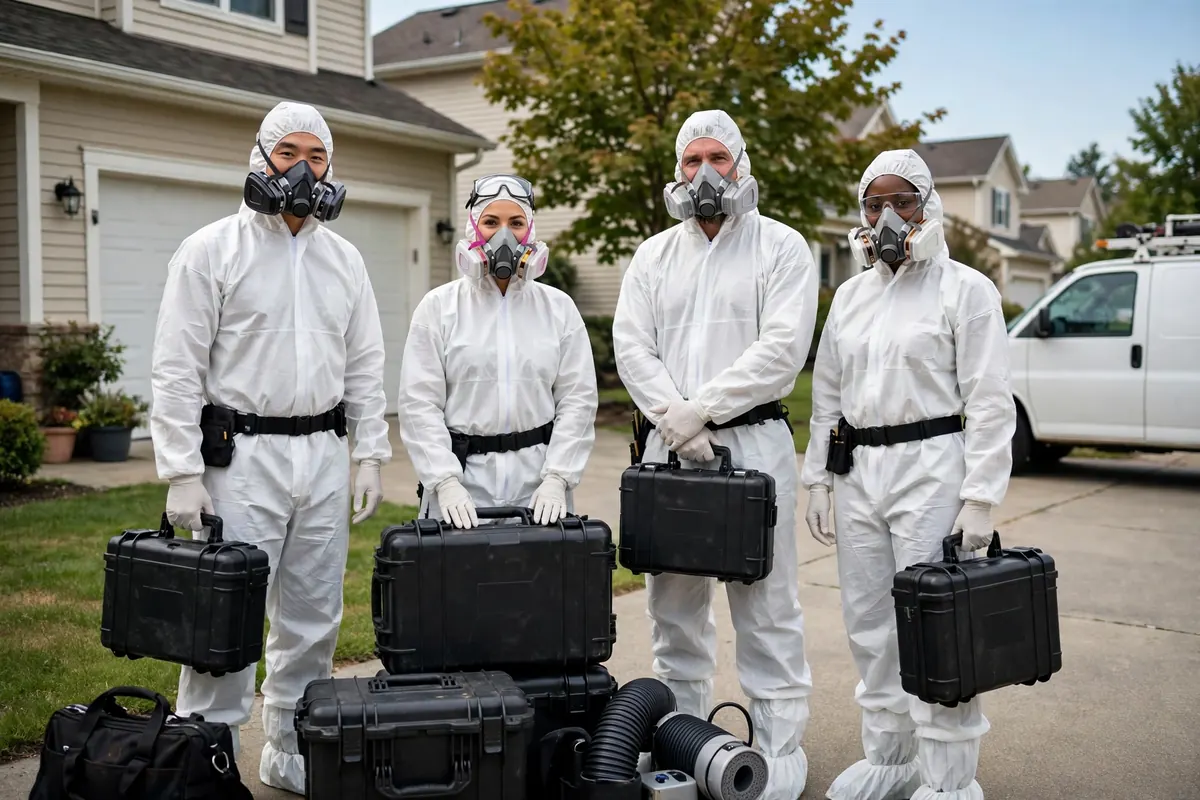 Mold remediation crew in protective gear with equipment outside a Newark home