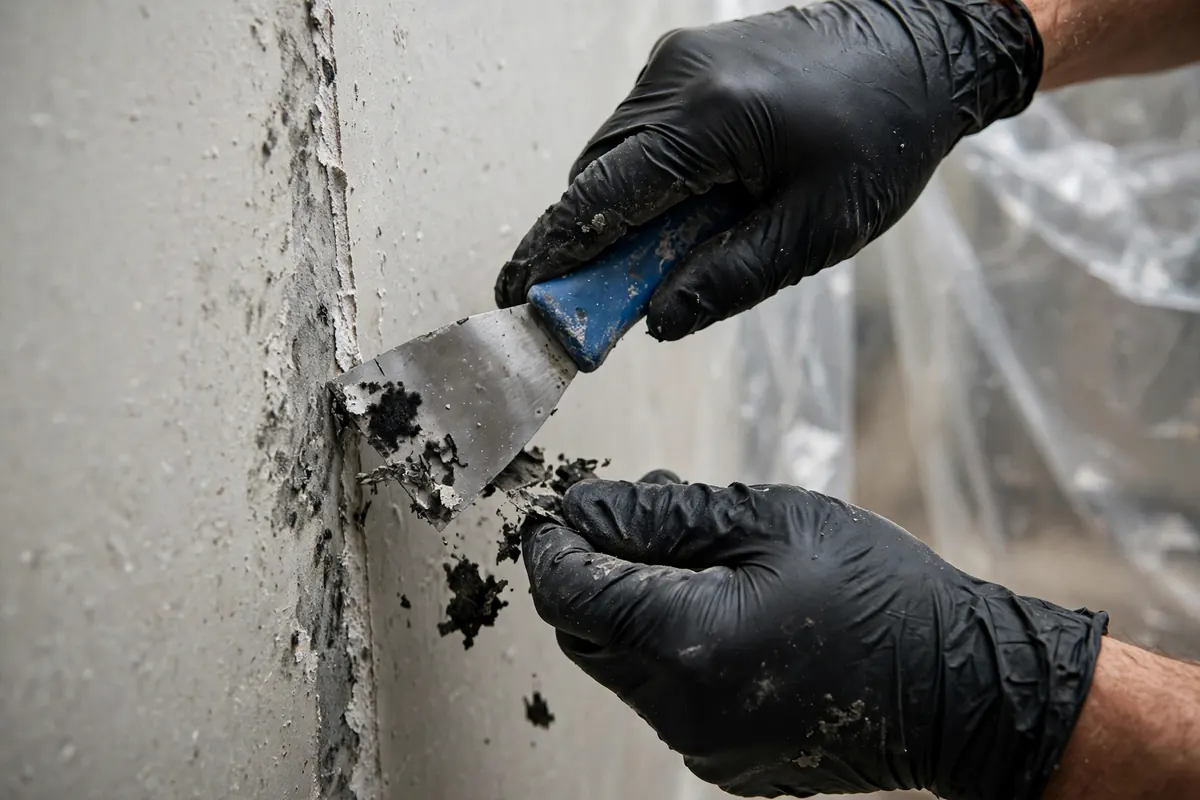 Technician applying black mold removal treatment to a wall