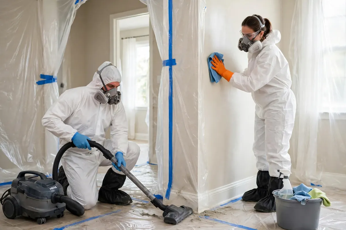 Two technicians performing mold remediation with HEPA vacuum inside containment