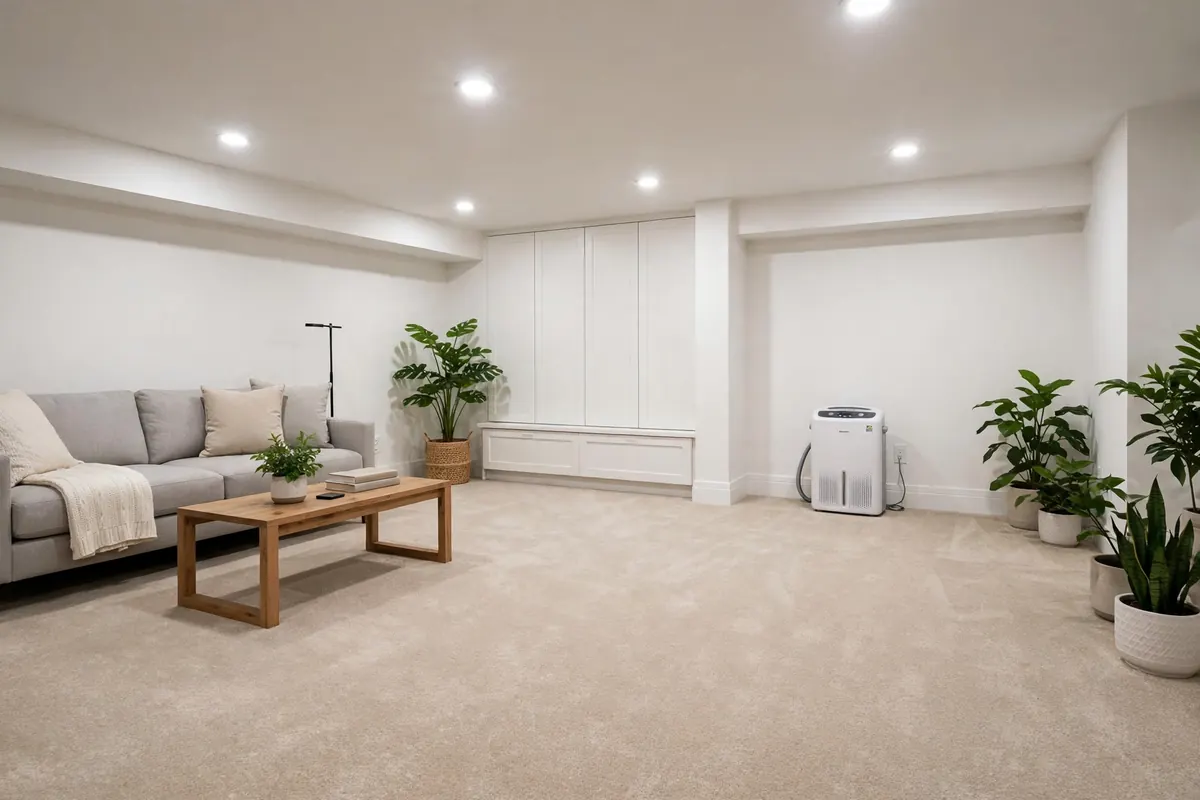 Empty modern basement with beige carpet and white walls, ideal for renovation.