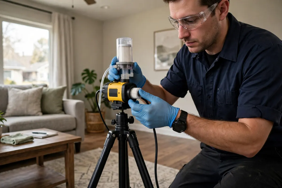 Air quality testing professional collecting samples