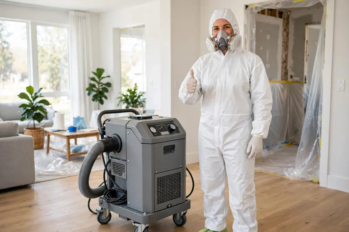 Mold remediation specialist in protective gear beside drying equipment