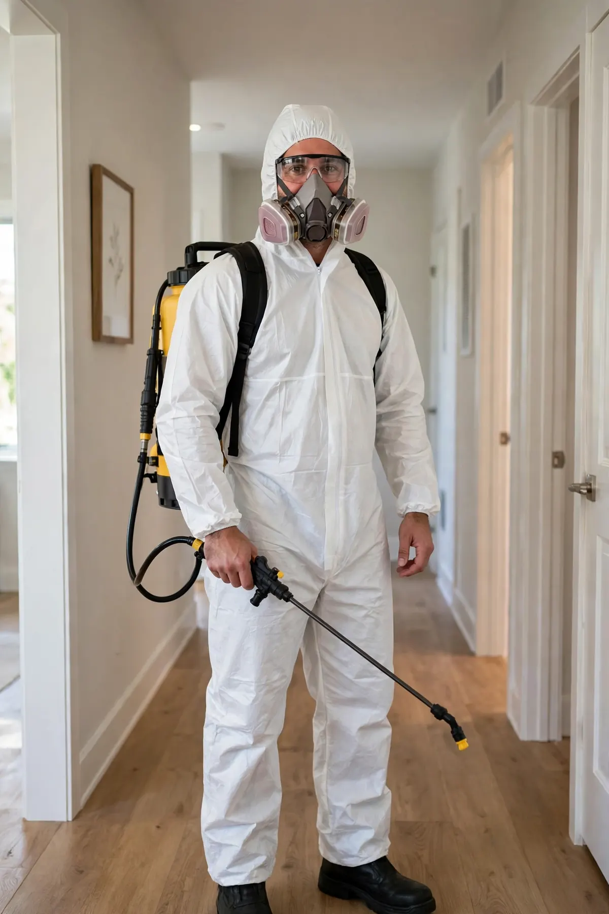 Mold remediation technician in protective suit with treatment sprayer