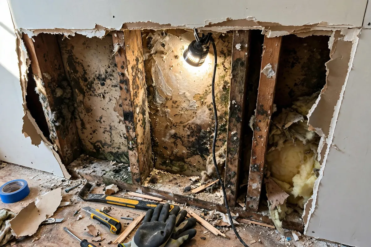Mold growth visible inside an opened wall cavity