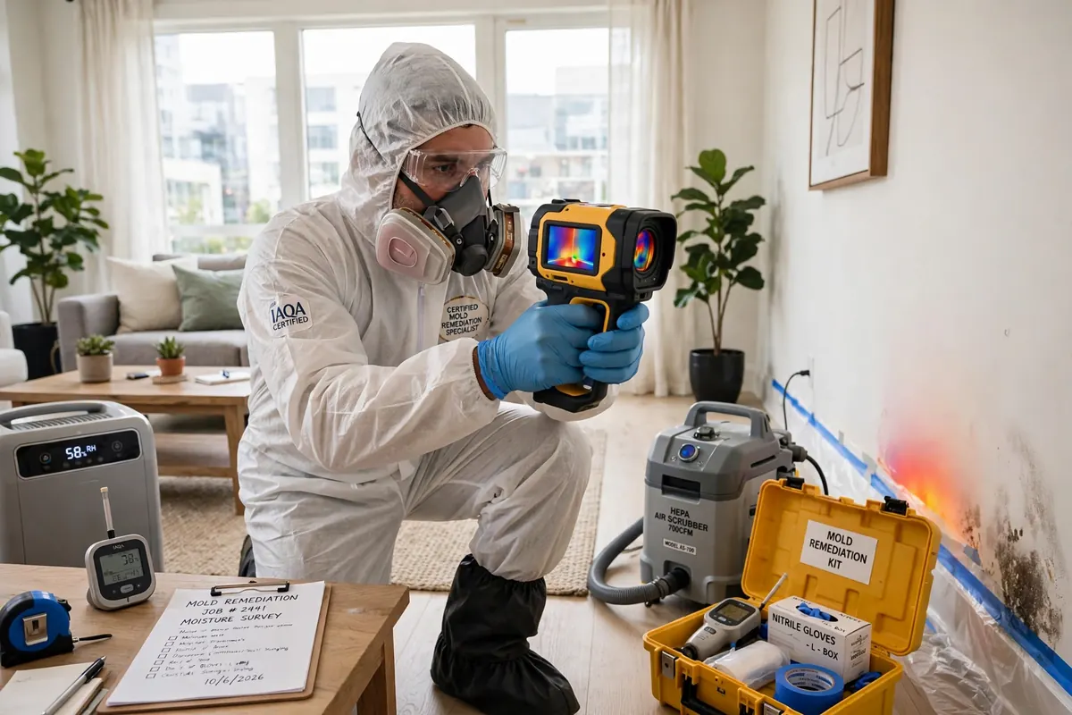 Technician using thermal imaging during a home mold inspection