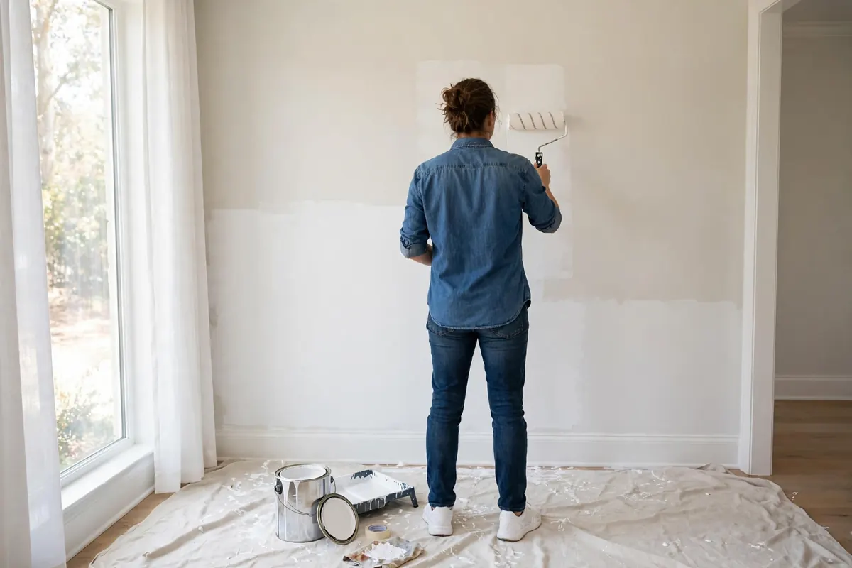 Person painting an interior wall with a roller