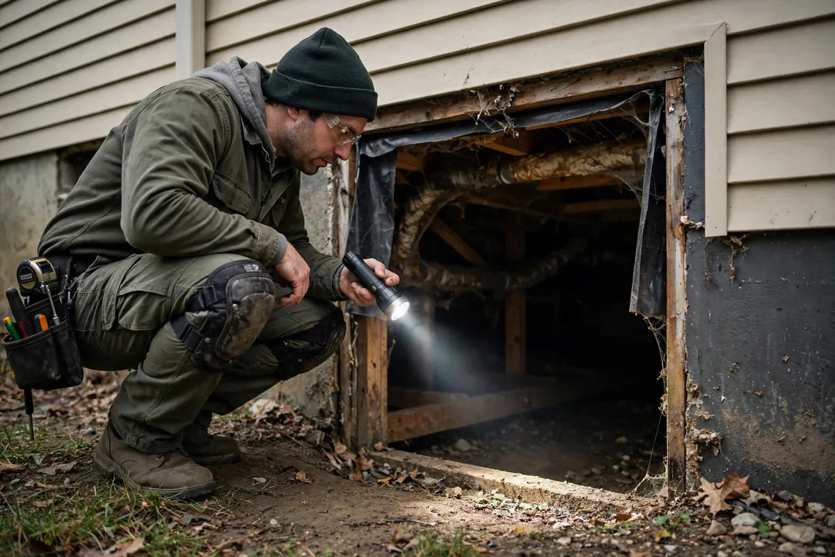 Inspector examining a crawl space entrance during a mold inspection