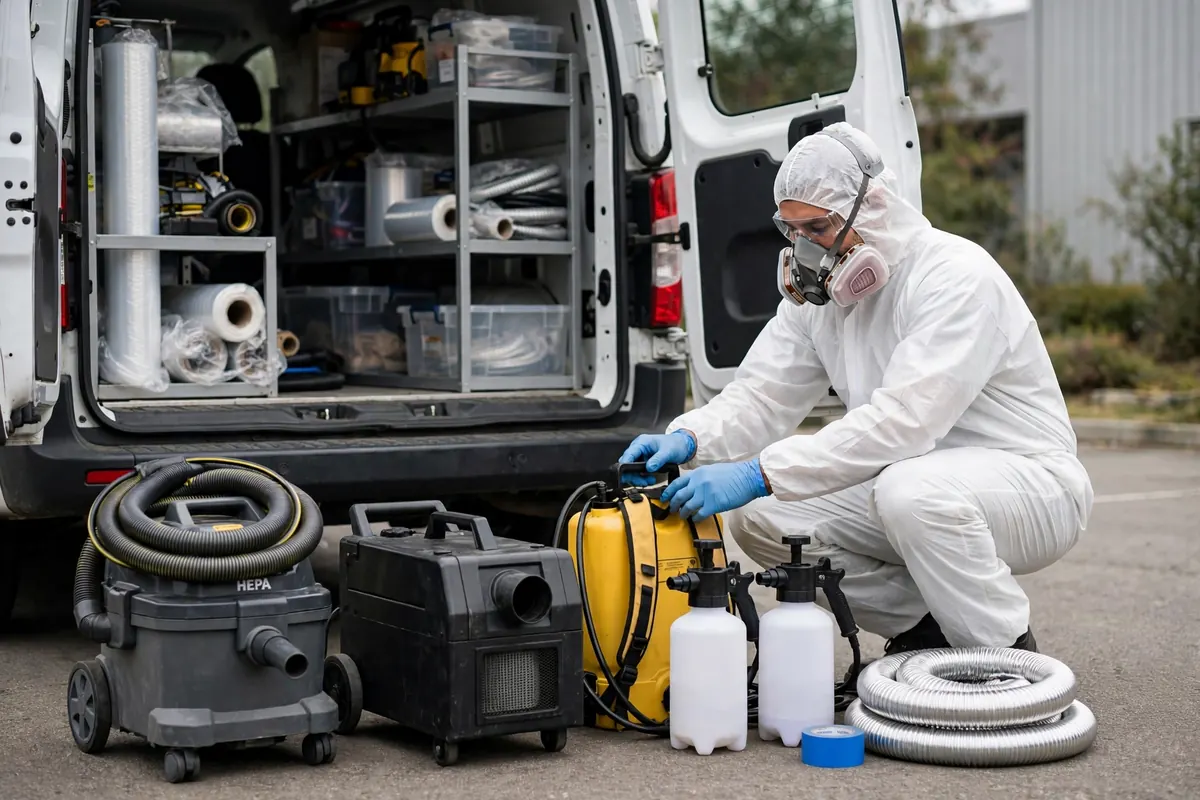 Mold remediation professional preparing equipment before a job