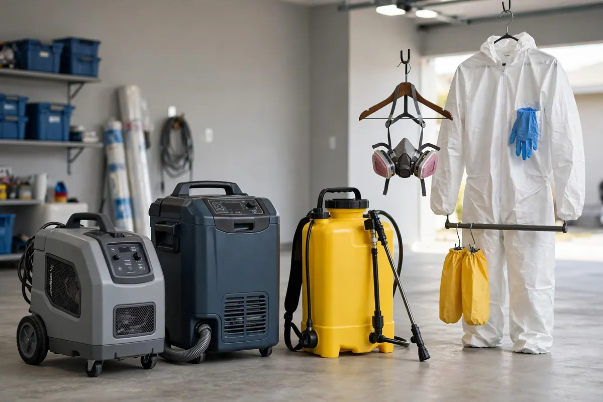 Professional mold inspection equipment including air scrubbers and respirators