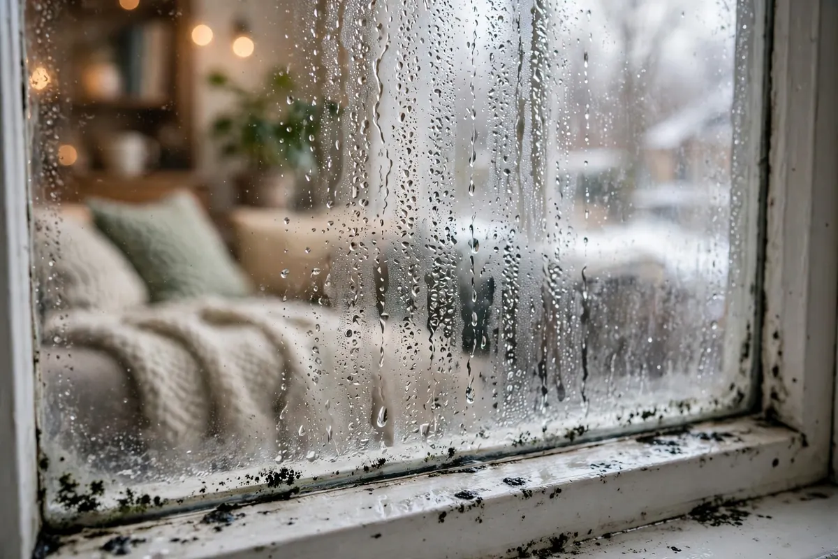 Cold window covered in condensation with early mold forming on the frame
