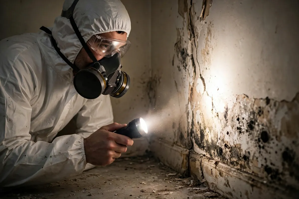 Home inspector in protective gear examining a room for mold